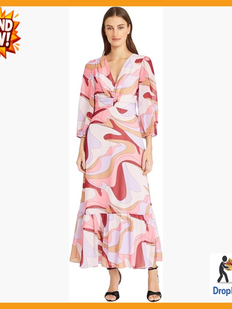 V-Neck Empire Waist Maxi Dress Elegant Casual Chic 3/4 Puff Sleeves Shirred